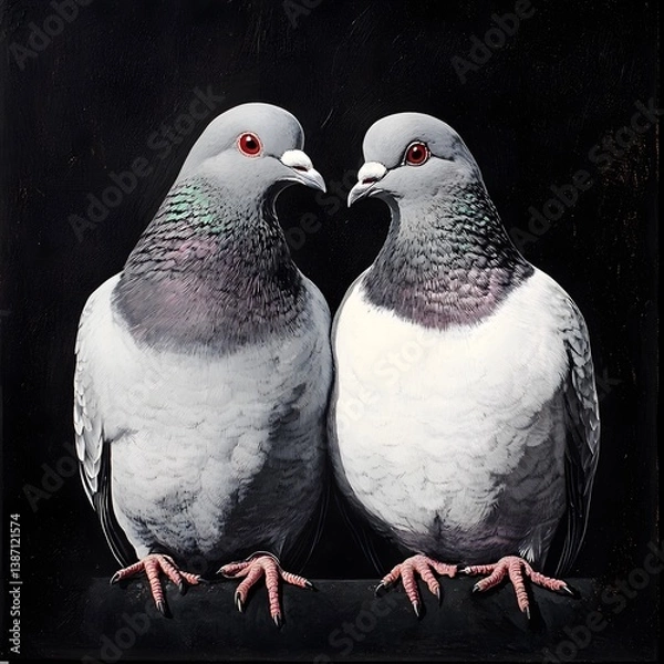 Obraz A tender moment shared by a pair of pigeons perched closely together, capturing the essence of companionship, peace, and gentle beauty in a quiet urban setting.

