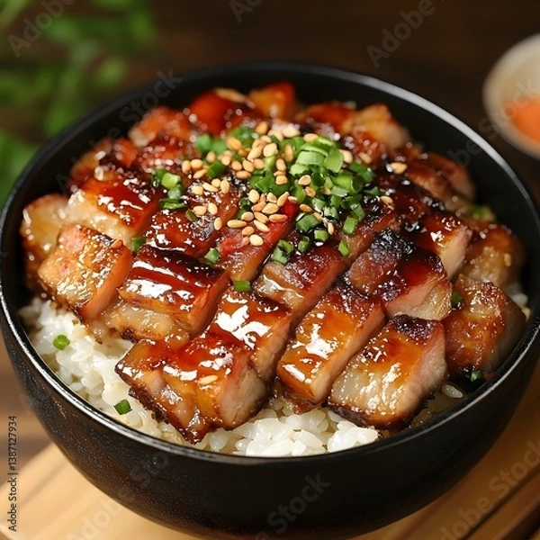 Obraz "A delicious and flavorful dish of tender pork belly served on a bed of steamed rice, topped with savory teriyaki sauce, representing a classic and beloved Japanese culinary experience."

