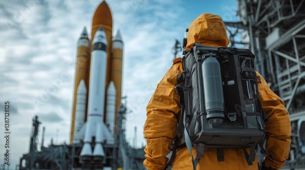 Fototapeta Rocket launch preparation space center photography industrial environment low angle exploration concept