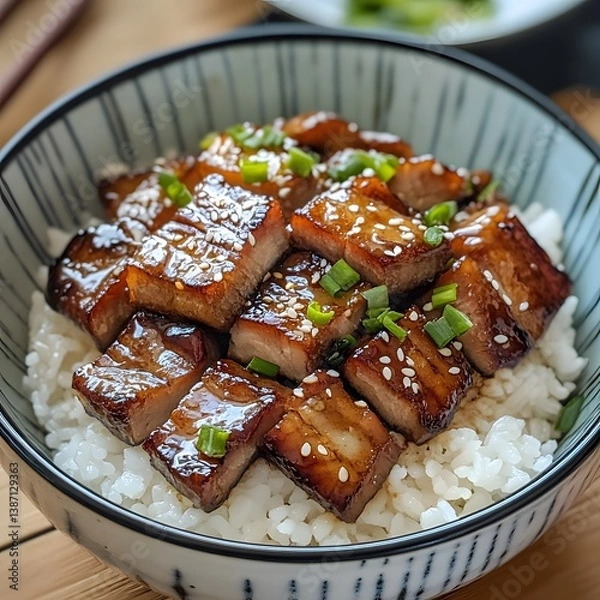 Obraz "A delicious and flavorful dish of tender pork belly served on a bed of steamed rice, topped with savory teriyaki sauce, representing a classic and beloved Japanese culinary experience."

