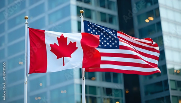 Obraz Canadian and American Flags in a Cityscape
