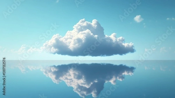 Fototapeta Fluffy white cloud reflected on calm water under clear blue sky horizon line.