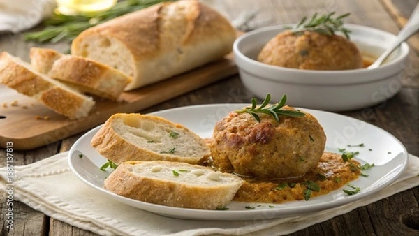 Fototapeta Indulge in the rich flavors of boulette de avesnes served with fresh crusty bread slices and aromatic herbs
