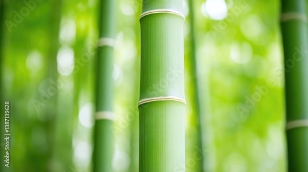 Fototapeta The image shows vibrant green bamboo stalks, their textures detailed. Other stalks blur softly in the background, creating depth. The photos high quality and resolution showcase the plants smooth su