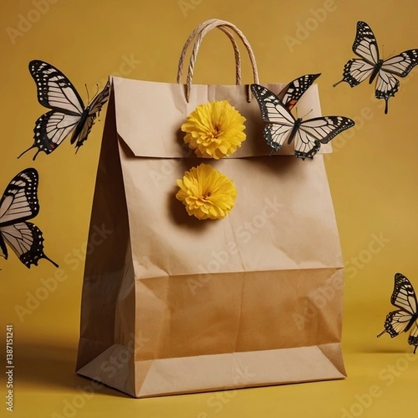 Fototapeta Paper bag with fresh flowers and butterflies flying against vibrant yellow background.  Creative spring bloom concept. 