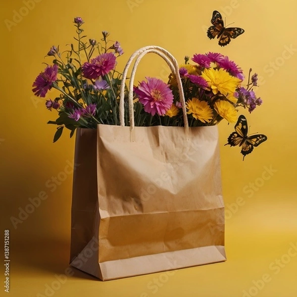 Fototapeta Paper bag with fresh flowers and butterflies flying against vibrant yellow background.  Creative spring bloom concept. 