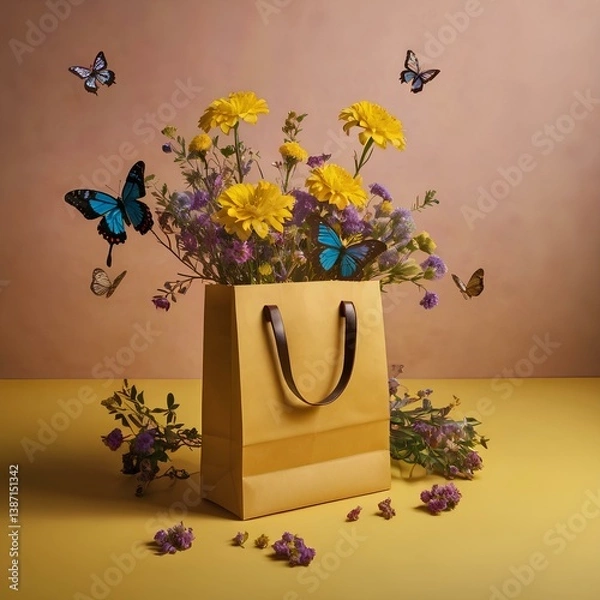 Fototapeta Paper bag with fresh flowers and butterflies flying against vibrant yellow background.  Creative spring bloom concept. 