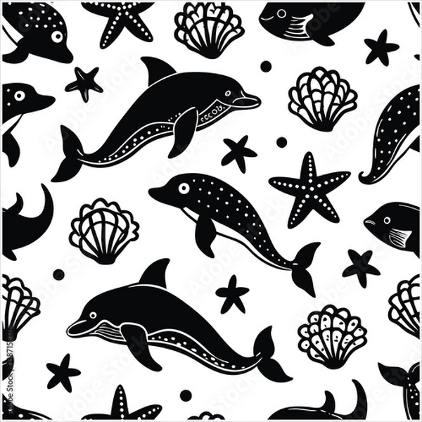 Fototapeta Underwater world seamless pattern with dolphins, starfish and shell