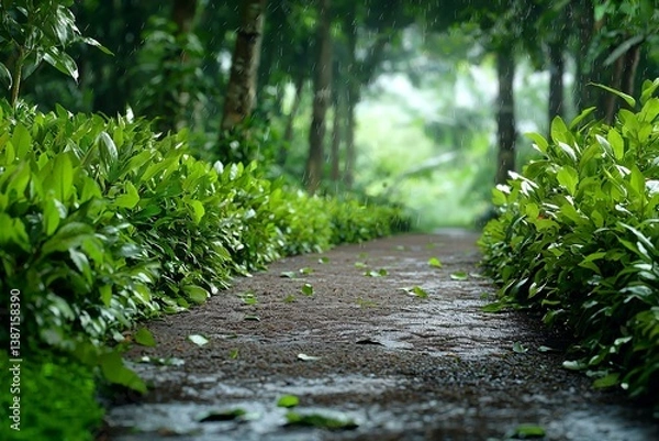 Obraz Serene forest pathway lined with lush bushes and tall trees in misty atmosphere
