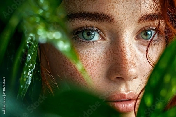 Obraz Close-up of a female figure interacting with dense foliage and light