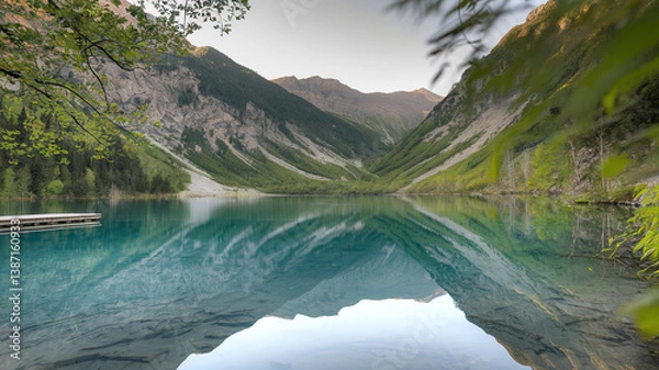 Fototapeta Tranquil mountain lake reflecting nature's calm, a moment of pure serenity and peace.