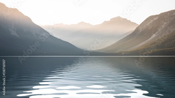 Fototapeta Tranquil mountain lake reflecting nature's calm, a moment of pure serenity and peace.