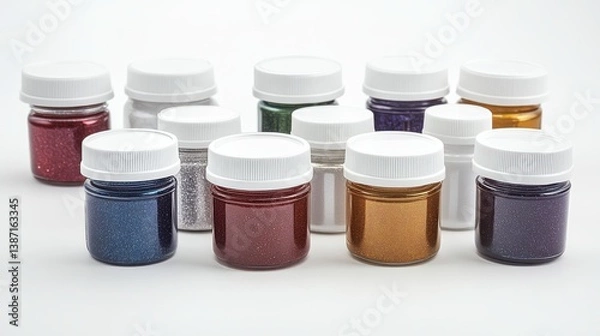 Fototapeta Assorted Glitter Jars in Various Colors on Light Background