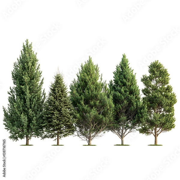 Fototapeta A Row of Juniper Trees with Green Leaves Isolated on Transparent Background