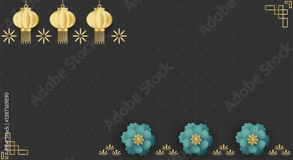 Fototapeta Chinese style festival banner of lanterns with flowers on black pattern background for your copy space.