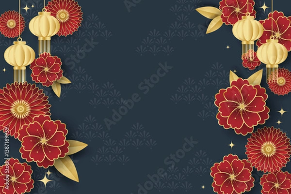 Fototapeta Chinese festival banner design with lanterns and red flowers branches on dark blue pattern background for your copy space.
