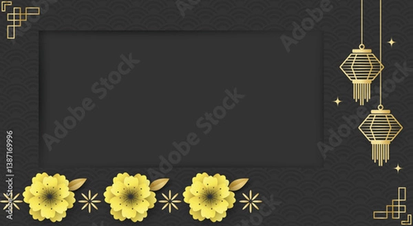 Fototapeta Chinese style festival banner of lanterns with flowers on black pattern background for your copy space.