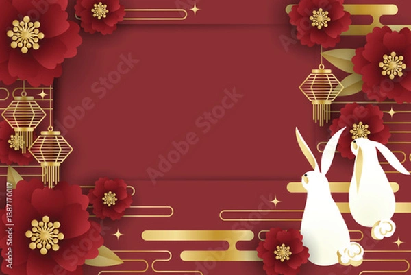 Fototapeta Mid Autumn festival banner, lunar new year or Chinese festival celebration of rabbits with flowers and lantern on red background with frame for your copy space.
