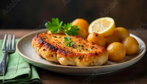 Fototapeta A plate of food, specifically a piece of breaded pork chop. The pork chop is golden brown and appears to be seasoned with herbs and spices. It is garnished with a sprig of parsley. 