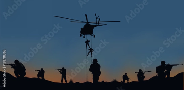 Fototapeta Ilustracja przedstawiająca żołnierzy idących do ataku i helikoptery.
