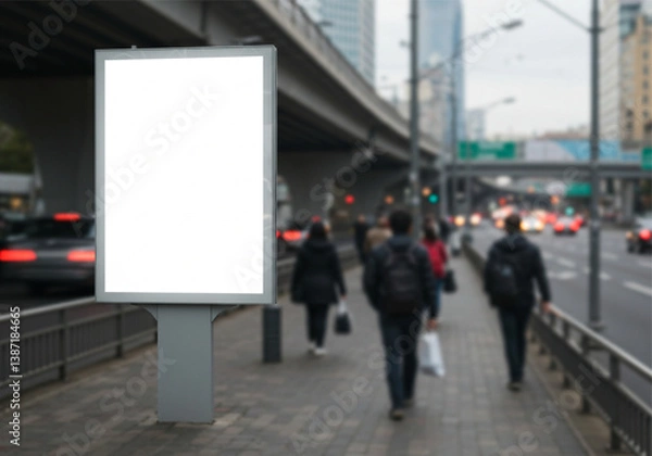 Fototapeta Vertical advertisement board in a downtown sidewalk scene with blurred pedestrians in motion