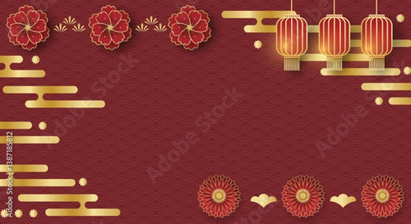 Fototapeta Chinese style festival banner of lanterns with flowers and golden clouds on red pattern background for your copy space.
