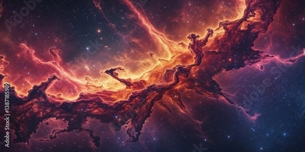 Fototapeta Stunning cosmic nebula with fiery colors and starry background captured in deep space.