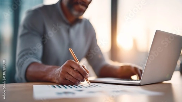 Fototapeta View of business analyst compiling data for strategic insights, high-definition office background --chaos 25 --ar 16:9 --profile muwoyfp --v 7 Job ID: 7e11b09d-0cf3-4c73-9639-d95ab4cf1159