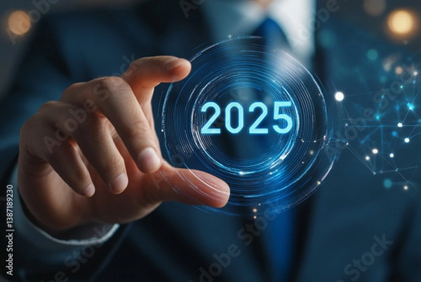 Fototapeta Vision 2025: A close-up shot of a person delicately holding a futuristic, glowing display bearing the year 2025, against a backdrop of digital brilliance and professional attire.