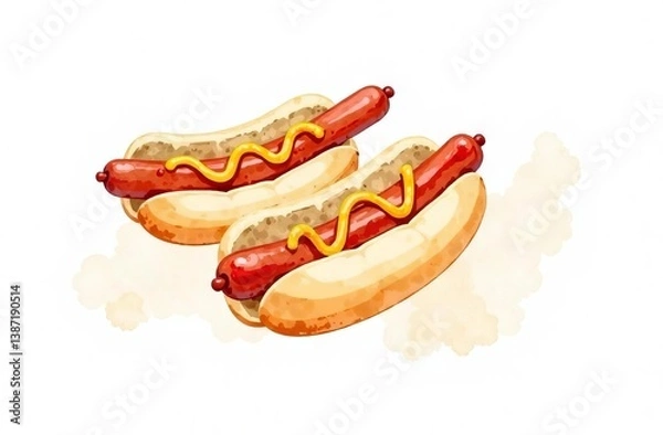 Fototapeta Hot dogs with sausage and mustard in watercolor style on white background