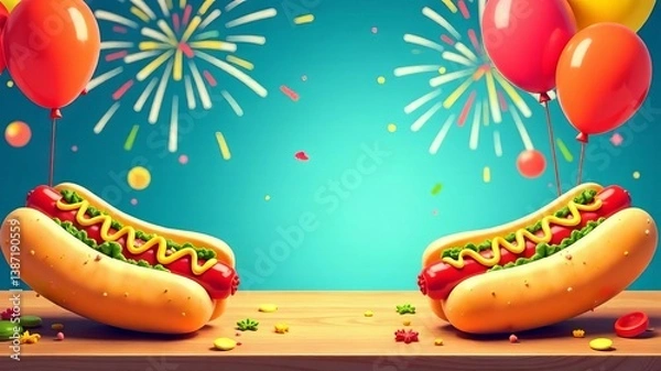 Obraz Hot dog day card with balloons, space for text