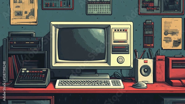 Fototapeta A detailed view of a vintage 1980s or 1990s computer setup on a desk, complete with monitor, keyboard, and various peripherals.