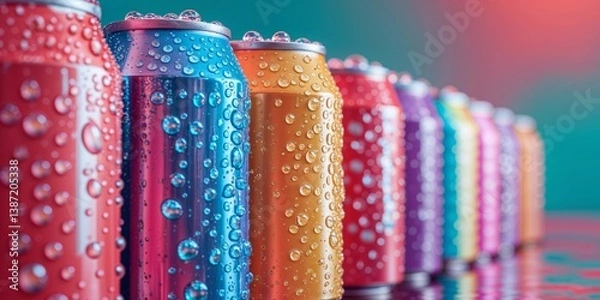 Fototapeta A row of colorful cans of soda with condensation on the outside.