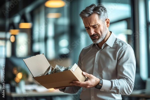 Obraz A middle-aged man looks disappointed and displeased as he looks at the goods in a newly arrived parcel.