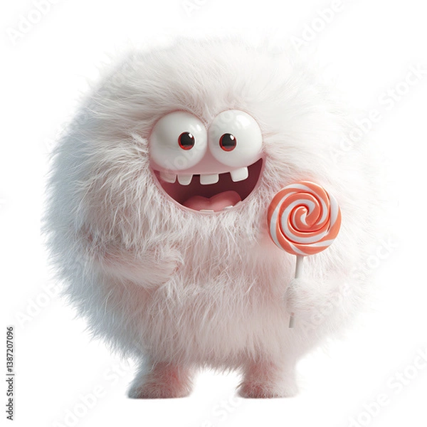 Fototapeta A Fluffy 3D Cartoon Character Holding a Glowing Lollipop Isolated on Transparent Background