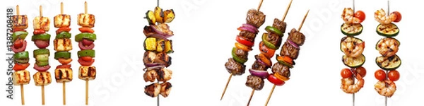Obraz Grilled skewers of cheese, chicken, beef and shrimp.