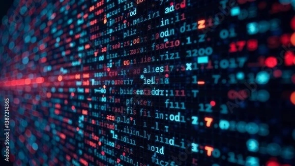 Obraz Abstract red and blue digital code on dark background representing cybersecurity.