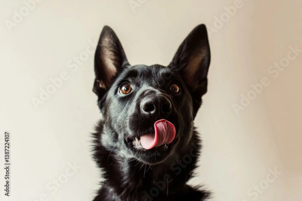 Fototapeta black dog with pointy ears and playful expression licks its nose against neutral background