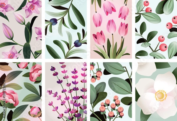 Fototapeta Colorful floral posters showcasing various types of flowers and leaves in a natural arrangement. Attractive and harmonious botanical design.