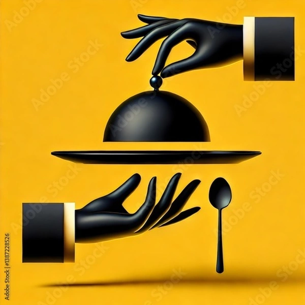 Fototapeta A sophisticated illustration featuring two sleek black-gloved hands, one lifting a shiny serving dome and the other reaching to receive a delicately presented plate, accompanied by a spoon
