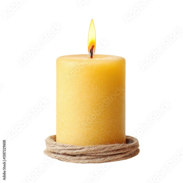 Fototapeta Burning yellow candle on a rope stand, isolated on white. Concept of relaxation, decoration, and aromatherapy.