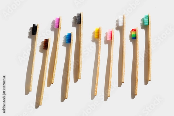 Obraz Eco friendly Bamboo toothbrushes with colored bristles at sunlight with dark shadows on white background. Sustainable living concepts, minimal style aesthetic photo, top view set wood oral brushes
