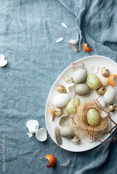 Obraz Easter decor composition with  blue rustic linen tableclothe