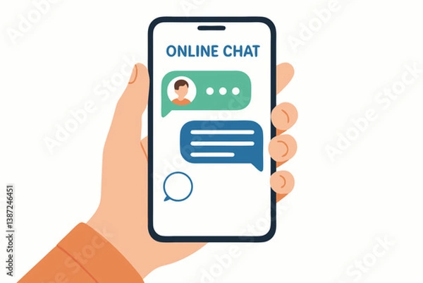 Fototapeta Modern Smartphone Messaging Interface with Online Chat Application Display Showing Text Bubbles and User Avatar in Hand Vector Illustration for Mobile Communication Apps and Digital Conversation