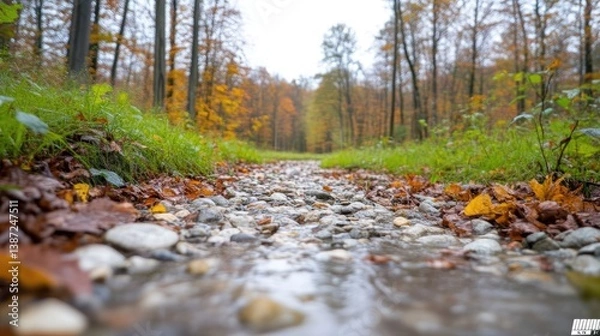 Fototapeta A shallow stream flows through a forest path, its bed composed of smooth stones and fallen autumn leaves. Lush green grass lines the streams edges. The background features a blurred autumnal forest