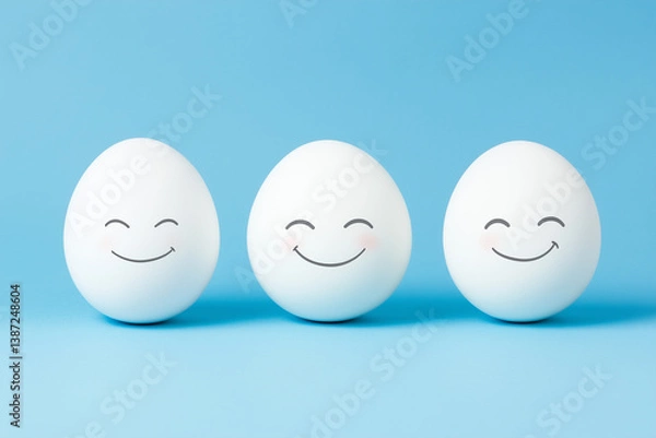 Obraz Trio of white eggs with smiling faces on blue background, minimal cheerful expression concept in pastel tones
