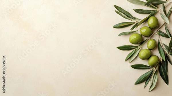 Obraz Fresh green olives with leaves on light background create serene and natural atmosphere, perfect for culinary or health related themes
