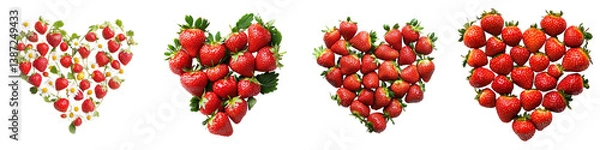Obraz Four heartshaped arrangements of strawberries and daisies.
