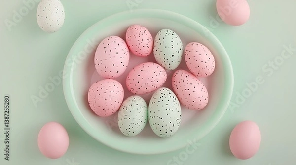 Fototapeta Pastel-colored speckled eggs arranged in an oval dish on a soft green surface, creating a delicate and festive springtime or Easter-themed composition