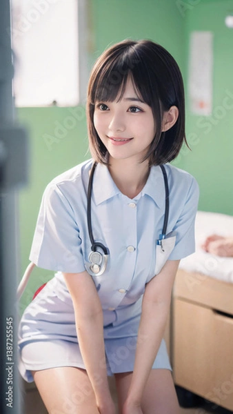 Fototapeta 笑顔で患者に対応する看護師の若い女性